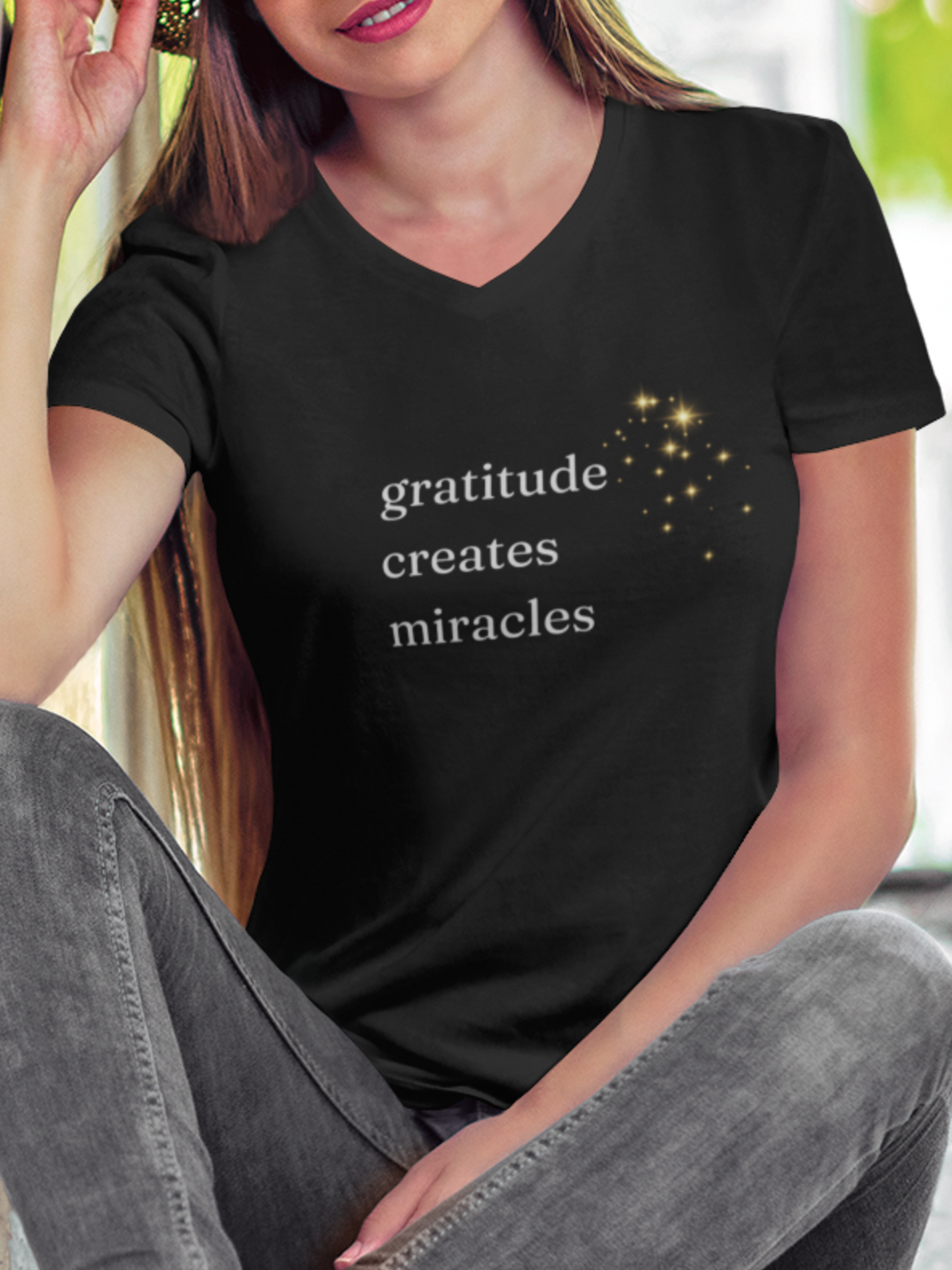 Gratitude Creates Miracles Bella + Canvas V-Neck Tee, Effortless Style, Layering Tee, Positivity, Miracles, Cozy Comfort Tee, Thoughtful Gift