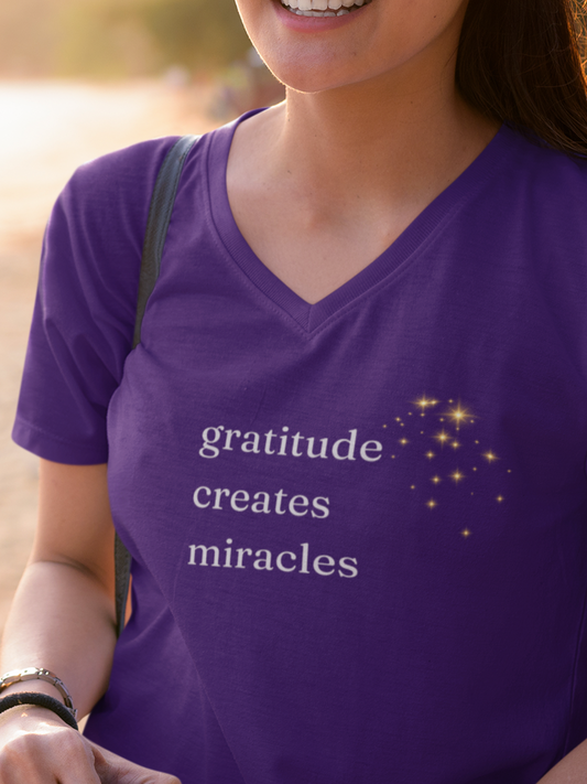 Gratitude Creates Miracles Bella + Canvas V-Neck Tee, Effortless Style, Layering Tee, Positivity, Miracles, Cozy Comfort Tee, Thoughtful Gift